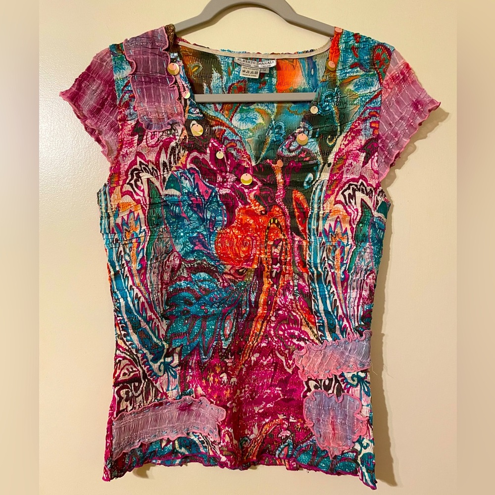 Alberto Makali Crinkle Floral Short Sleeve Top Blouse Size Medium EUC